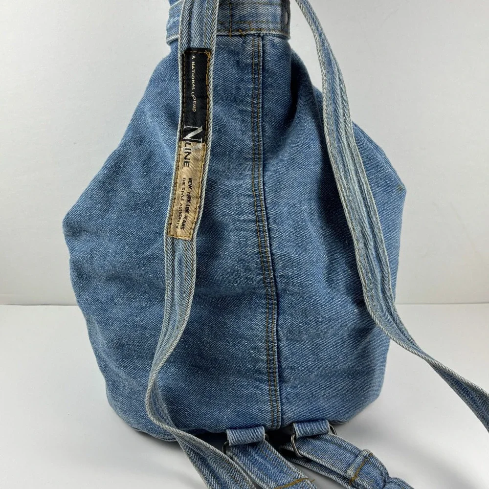 VTG 90's Y2K New‎ York Line Jeans Denim Backpack Blue Cinch Drawstring Bag